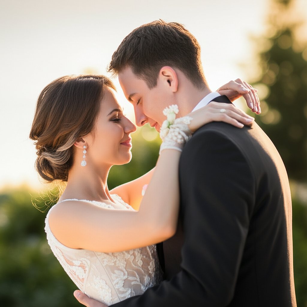Romantic wedding moment in garden